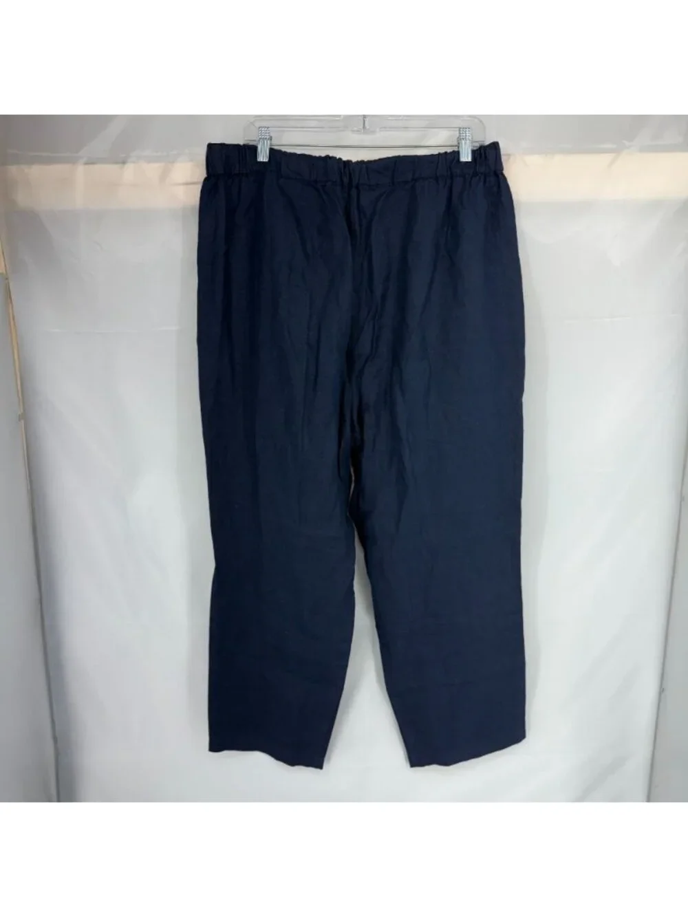 Quince Women XL 100% Linen Pants Tapered Ankle Pull On Navy Blue Stretch Waist